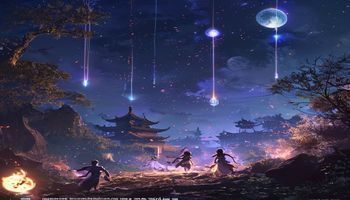 鬼乳后宫月晦机制活动截图，月圆之夜的鬼灵界场景，稀有材料从天而降，玩家角色奔跑收集